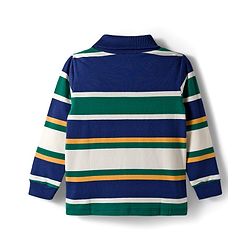 Babyhug Cotton Elastane Knit Full Sleeves Striped Turtle Neck Winter T-Shirt With Number Print - Navy Blue Green & White