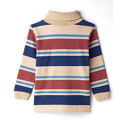 Babyhug Cotton Elastane Knit Full Sleeves Turtle Neck Winter T-Shirt with Stripes - Multicolor