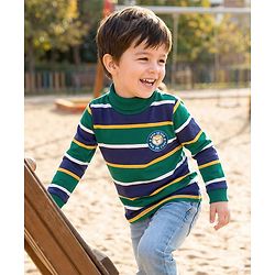 Babyhug Knit Full Sleeves Turtle Neck Winter T-Shirt with Stripes & Animal Patch - Dark Green & Navy Blue