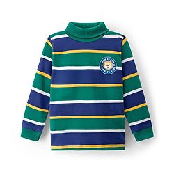 Babyhug Knit Full Sleeves Turtle Neck Winter T-Shirt with Stripes & Animal Patch - Dark Green & Navy Blue