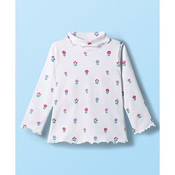 Babyhug Cotton Knit Full Sleeves Solid Color Turtle Neck Winter T-Shirt with Floral Print - White