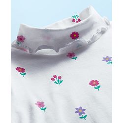 Babyhug Cotton Knit Full Sleeves Solid Color Turtle Neck Winter T-Shirt with Floral Print - White