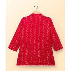 Babyhug Hakoba Woven Full Sleeves Kurta Pyjama Set With Sequin Detailing - Red & White