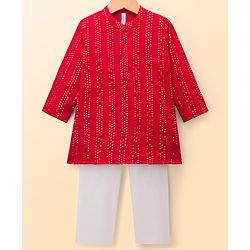 Babyhug Hakoba Woven Full Sleeves Kurta Pyjama Set With Sequin Detailing - Red & White