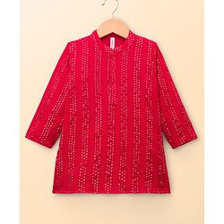 Babyhug Hakoba Woven Full Sleeves Kurta Pyjama Set With Sequin Detailing - Red & White