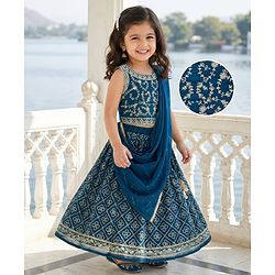 Babyhug Georgette Woven Sleeveless Choli Lehenga Set with Dupatta Embroidery & Sequin Detailing - Navy Blue