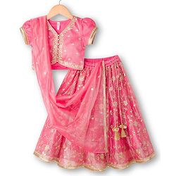 Babyhug Woven Half Sleeves Choli Lehenga & Dupatta Set With Floral Embriodery - Pink