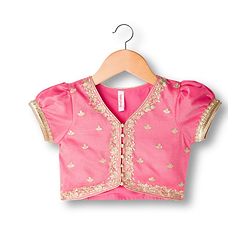 Babyhug Woven Half Sleeves Choli Lehenga & Dupatta Set With Floral Embriodery - Pink