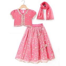Babyhug Woven Half Sleeves Choli Lehenga & Dupatta Set With Floral Embriodery - Pink