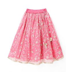 Babyhug Woven Half Sleeves Choli Lehenga & Dupatta Set With Floral Embriodery - Pink