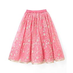 Babyhug Woven Half Sleeves Choli Lehenga & Dupatta Set With Floral Embriodery - Pink