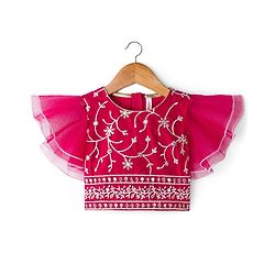 Babyhug Net Woven Frill Sleeves Choli Lehenga & Dupatta Set With Floral Embriodery - Dark Pink