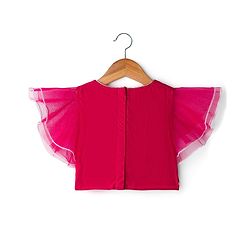 Babyhug Net Woven Frill Sleeves Choli Lehenga & Dupatta Set With Floral Embriodery - Dark Pink