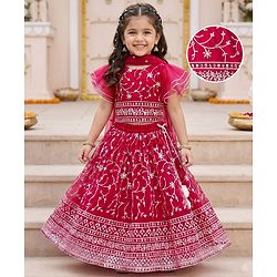 Babyhug Net Woven Frill Sleeves Choli Lehenga & Dupatta Set With Floral Embriodery - Dark Pink
