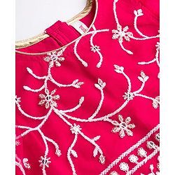 Babyhug Net Woven Frill Sleeves Choli Lehenga & Dupatta Set With Floral Embriodery - Dark Pink