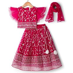 Babyhug Net Woven Frill Sleeves Choli Lehenga & Dupatta Set With Floral Embriodery - Dark Pink