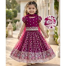 Babyhug Net Woven Half Sleeves Choli Lehenga & Dupatta Set With Floral Sequin Embriodery - Wine