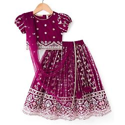 Babyhug Net Woven Half Sleeves Choli Lehenga & Dupatta Set With Floral Sequin Embriodery - Wine