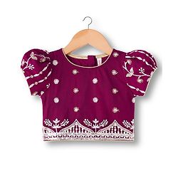 Babyhug Net Woven Half Sleeves Choli Lehenga & Dupatta Set With Floral Sequin Embriodery - Wine