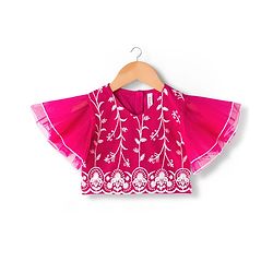 Babyhug Net Woven Frill Sleeves Choli Lehenga & Dupatta Set With Floral Embriodery - Fuschia