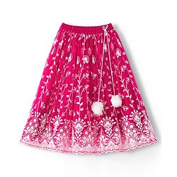 Babyhug Net Woven Frill Sleeves Choli Lehenga & Dupatta Set With Floral Embriodery - Fuschia