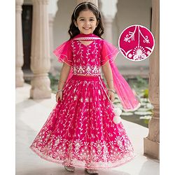 Babyhug Net Woven Frill Sleeves Choli Lehenga & Dupatta Set With Floral Embriodery - Fuschia