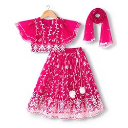 Babyhug Net Woven Frill Sleeves Choli Lehenga & Dupatta Set With Floral Embriodery - Fuschia
