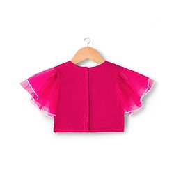 Babyhug Net Woven Frill Sleeves Choli Lehenga & Dupatta Set With Floral Embriodery - Fuschia