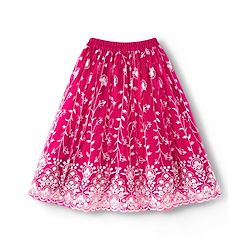 Babyhug Net Woven Frill Sleeves Choli Lehenga & Dupatta Set With Floral Embriodery - Fuschia
