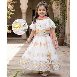 Babyhug Georgett Woven Flutter Sleeves Mirror Embroidered Choli Lehenga  and Dupatta Set  -White