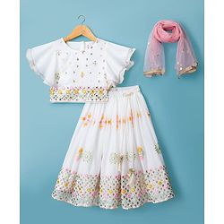 Babyhug Georgett Woven Flutter Sleeves Mirror Embroidered Choli Lehenga  and Dupatta Set  -White