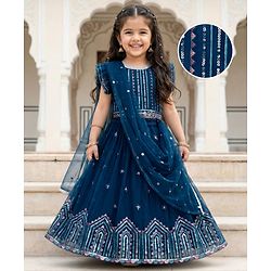Babyhug Net Woven Half Sleeves Choli Lehenga & Dupatta Set With Sequin Embriodery - Blue
