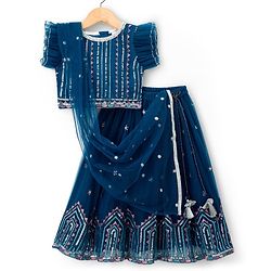 Babyhug Net Woven Half Sleeves Choli Lehenga & Dupatta Set With Sequin Embriodery - Blue