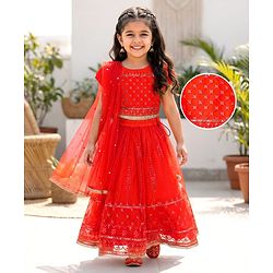Babyhug Net Woven Half Sleeves Choli Lehenga & Dupatta Set With Sequin Embriodery - Orange