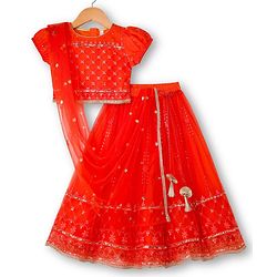 Babyhug Net Woven Half Sleeves Choli Lehenga & Dupatta Set With Sequin Embriodery - Orange