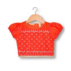 Babyhug Net Woven Half Sleeves Choli Lehenga & Dupatta Set With Sequin Embriodery - Orange