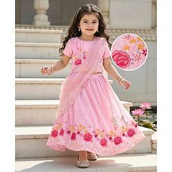 Babyhug Net Woven Half Sleevez Lehenga Choli Set With Floral Emrboidery & Dupatta - Peach