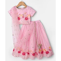 Babyhug Net Woven Half Sleevez Lehenga Choli Set With Floral Emrboidery & Dupatta - Peach