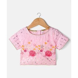 Babyhug Net Woven Half Sleevez Lehenga Choli Set With Floral Emrboidery & Dupatta - Peach