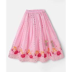 Babyhug Net Woven Half Sleevez Lehenga Choli Set With Floral Emrboidery & Dupatta - Peach