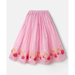 Babyhug Net Woven Half Sleevez Lehenga Choli Set With Floral Emrboidery & Dupatta - Peach