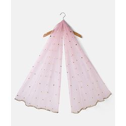 Babyhug Net Woven Half Sleevez Lehenga Choli Set With Floral Emrboidery & Dupatta - Peach