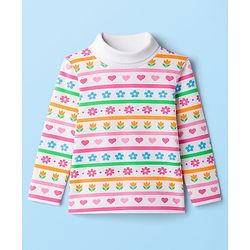 Babyhug Cotton Elastane Knit Full Sleeves Turtle Neck Winter T-Shirt with Floral & Heart Print - White