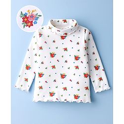 Babyhug Cotton Knit Full Sleeves Turtle Neck Winter T-Shirt with Floral Print - White