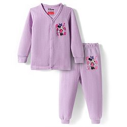 Babyhug Disney Interlock Full Sleeve Front Open Thermal Wear Set With Minnie Mouse Graphics - Lavender