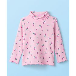 Babyhug Cotton Elastane Knit Full Sleeves Turtle Neck Winter T-Shirt with Floral Print - Pink