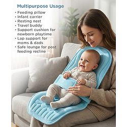 Babyhug 2-in-1 Carrier & Feeding Pillow Velvet - Blue | Infant Carrying and Feeding Support| Ideal for New Moms| Full Body Support| Safety Harness