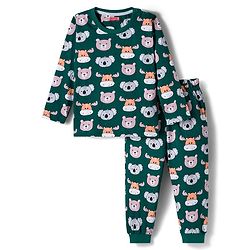 Babyhug Cotton Knit Full Sleeves Co-ords Night Suit With Animal Print - Green