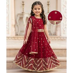 Babyhug Georgette Woven Half Sleeves Foil Printed Choli Lehenga Set with Dupatta & Lace Detailing - Red