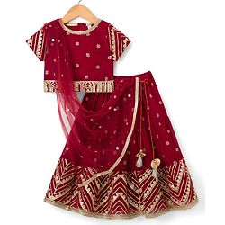 Babyhug Georgette Woven Half Sleeves Foil Printed Choli Lehenga Set with Dupatta & Lace Detailing - Red